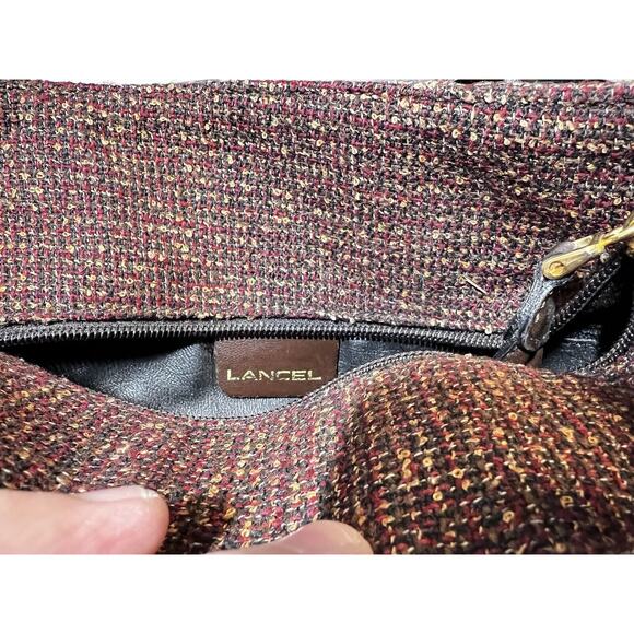 Lancel EUC Brown Tweed Leather Bucket Satchel Bag Handbag Purse - Picture 6 of 7